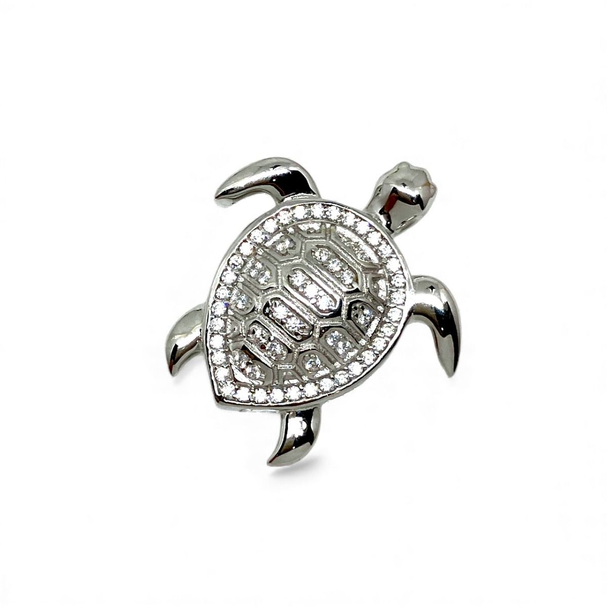 Sterling Silver Hawaiian Sea Turtle Honu Pendant with Clear CZ
