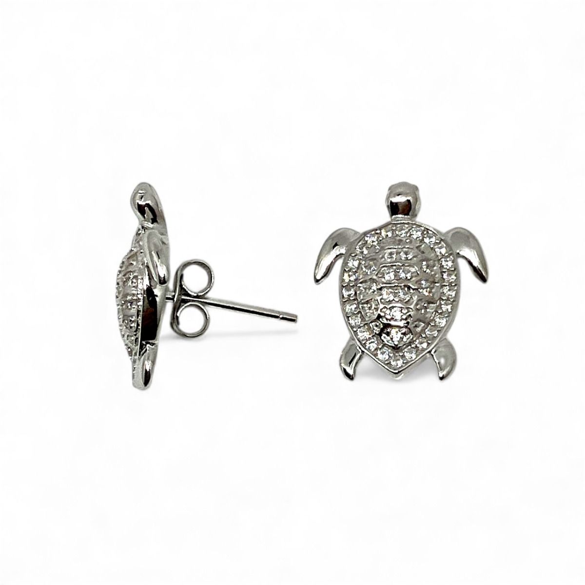 Sterling Silver Hawaiian Sea Turtle Honu Pierced Earrings with Clear CZ