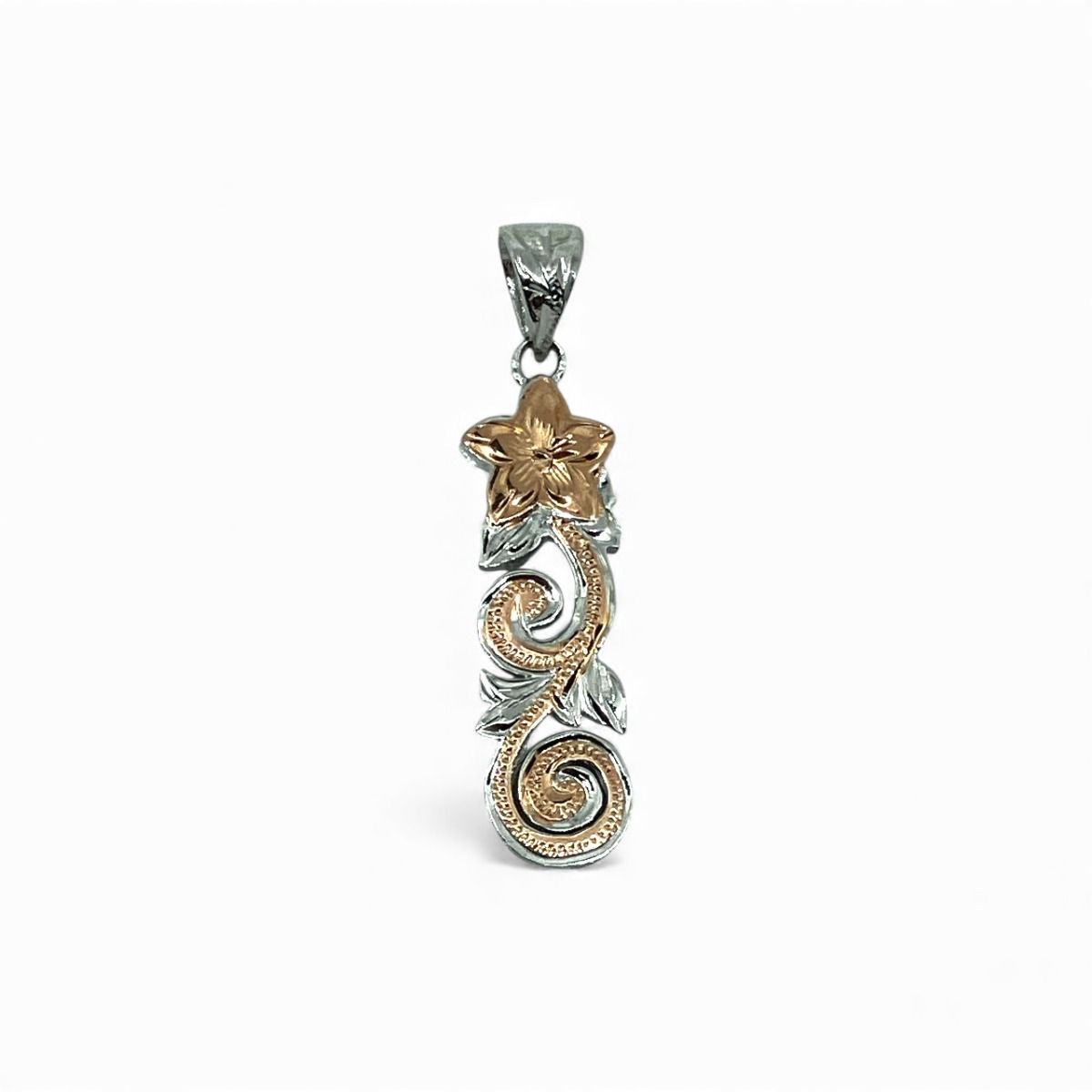 Sterling Silver Plumeria Scroll Cut-Out Pendant with Rose Gold Accents