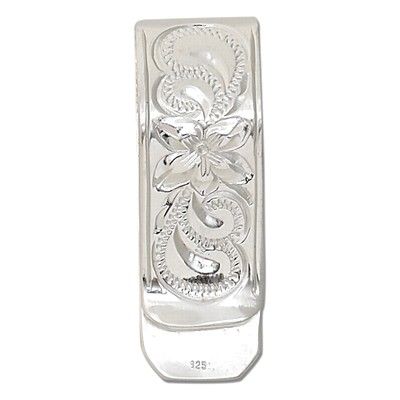 Sterling Silver Hawaiian Plumeria and Scroll Design Money Clip