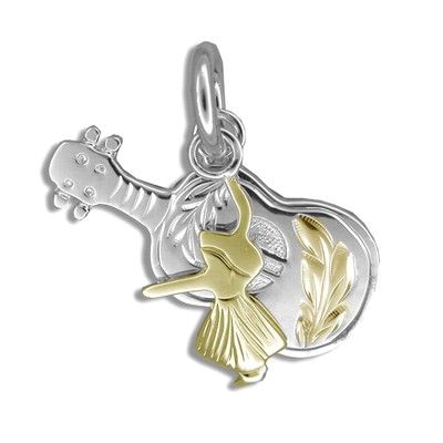 Sterling Silver Yellow Gold Coated Kahiko Hula Dancer and Ukulele Pendant