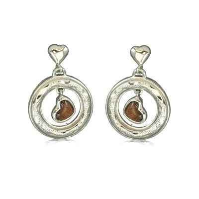 Sterling Silver Hawaiian Koa Wood Heart in Circle Dangling Earrings