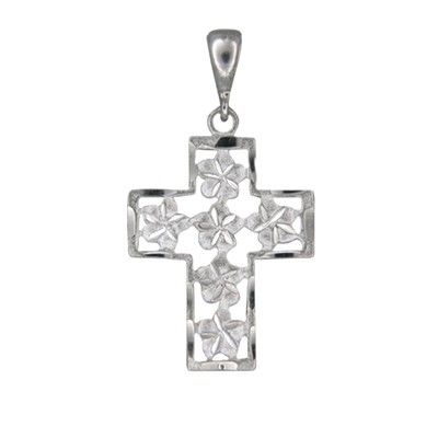 14kt White Gold Hawaiian Plumeria with Outline Cross Pendant