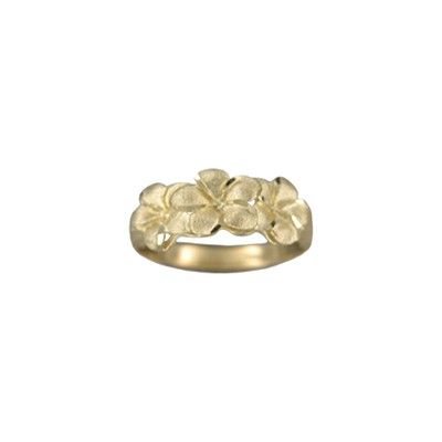 14kt Yellow Gold Triple 6mm Hawaiian Plumeria Flowers Ring