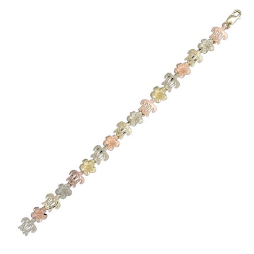 14kt Tri-Color Gold Hawaiian Plumeria and HONU Bracelet