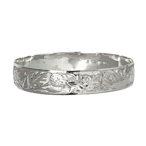 Sterling Silver 12mm Four Seasons Hawaiian Floral Designs with Plain Edge Bangle.