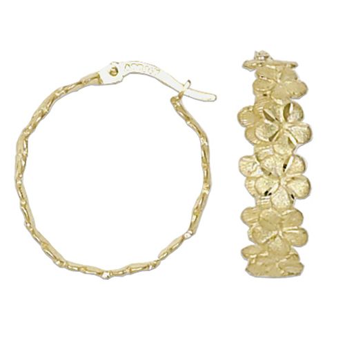 14kt Yellow Gold Cut-Out Hawaiian 7mm Plumeria Hoop Earrings.