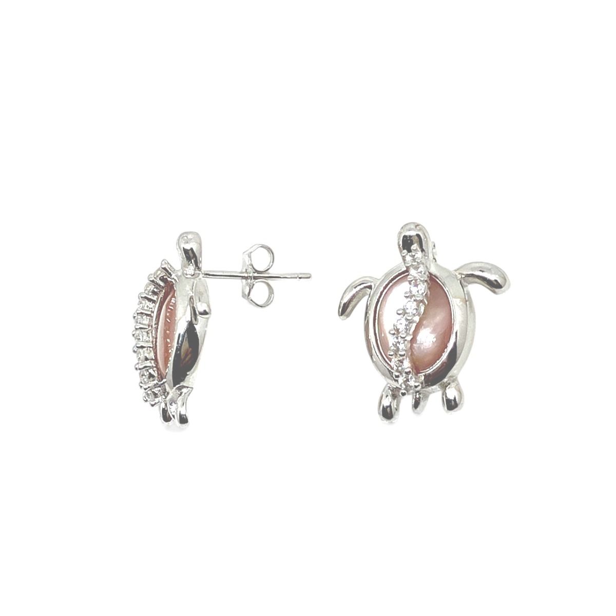 Sterling Silver Honu Pierced Earrings with Inlay Pink Mother of Pearl shell
