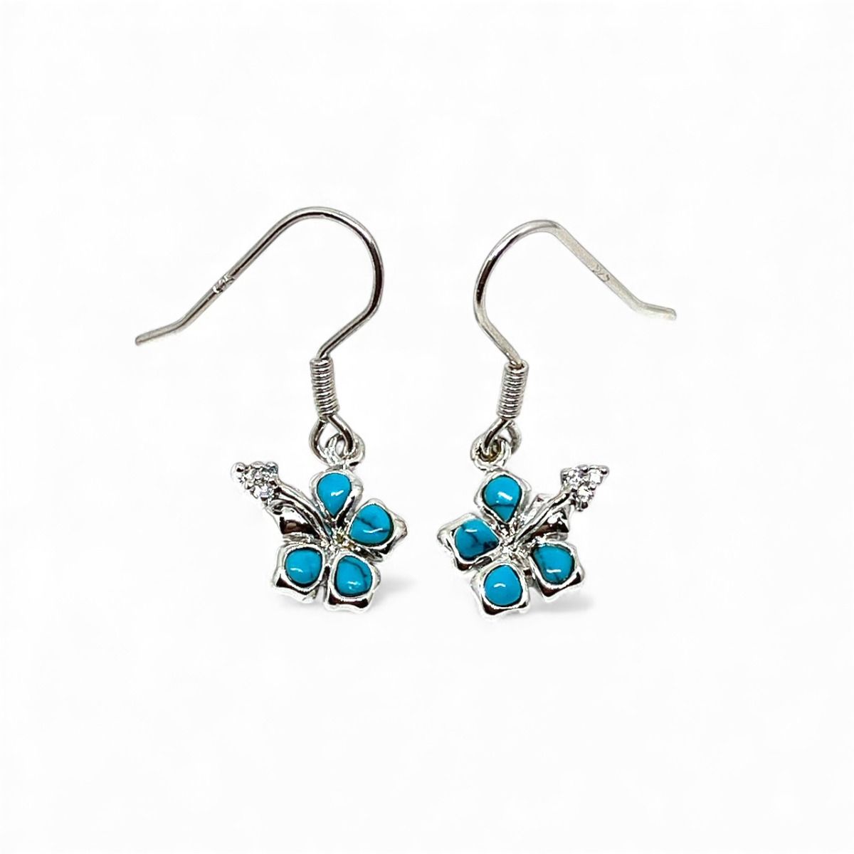 Sterling Silver Hawaiian Hibiscus with Blue Turquoise Fish Wire Earrings