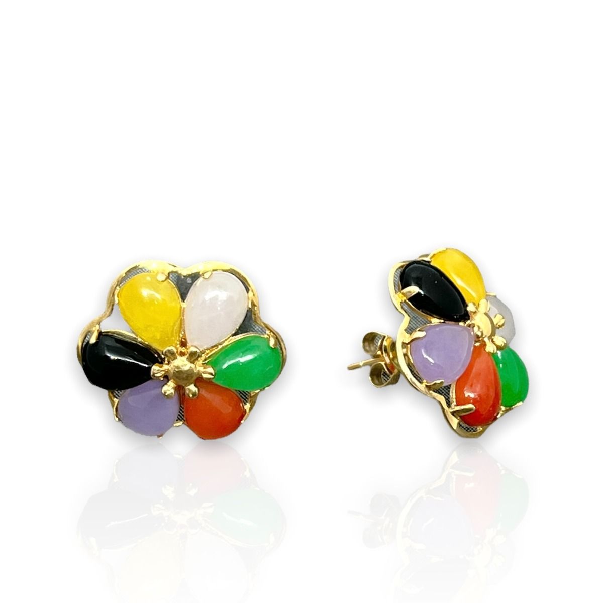 14KT Yellow Gold Six-Petal Plumeria with Mixed Jade Earrings