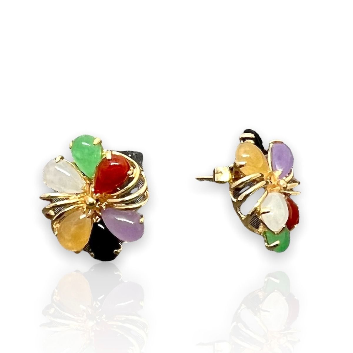 14KT Yellow Gold Fancy Six-Petal Plumeria with Mixed Color Jade Earrings