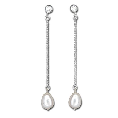 Sterling Silver Long Chain White Fresh Water Pearl Drop Post Earrings 
