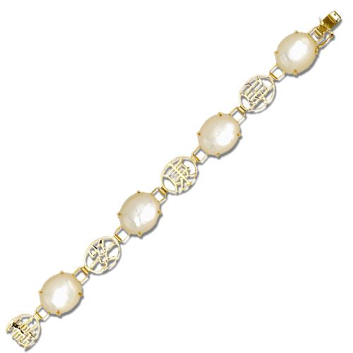 14KT Yellow Gold Chinese Characters with MOP (Mother of Pearl Shell) Pebble Bracelet