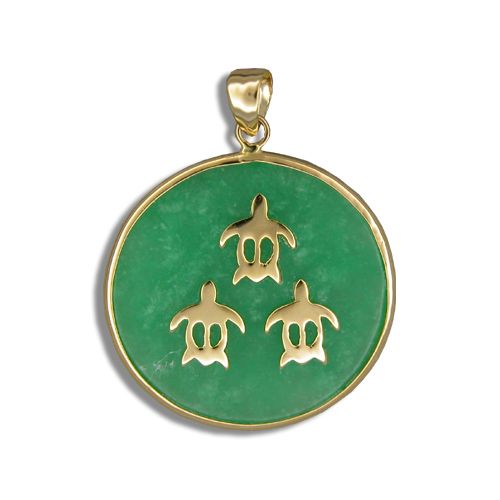 14KT Yellow Gold Hawaiian Honu on Round Shaped Green Jade Pendant