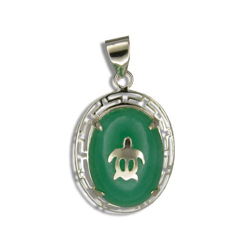 14KT Yellow Gold Hawaiian Honu on Oval Shaped Green Jade Pendant