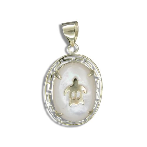 14KT Yellow Gold Hawaiian Honu on Oval Shaped MOP (Mother of Pearl Shell) Pendant