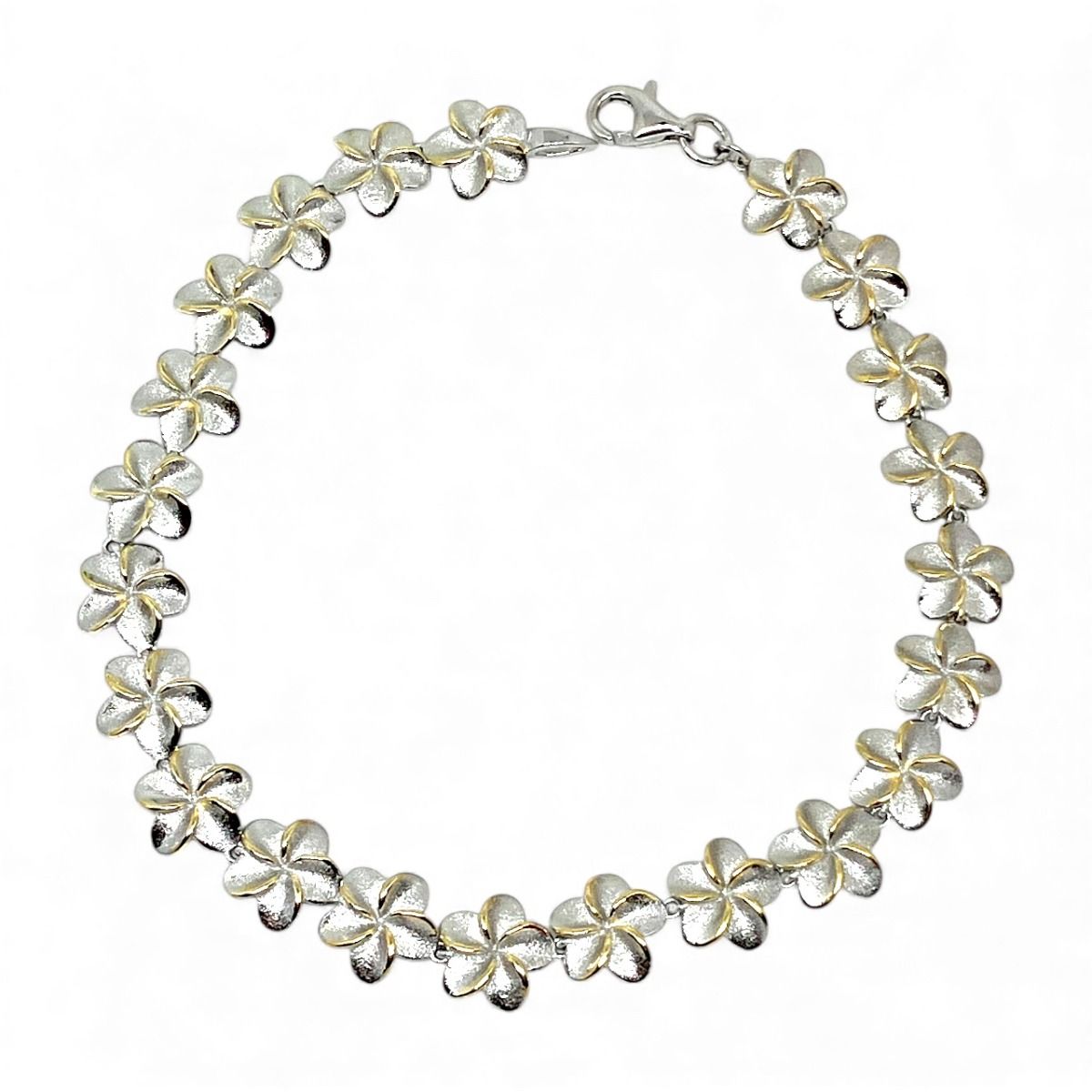 Sterling Silver 10mm Plumeria bracelet with 14K Yellow Gold Accents