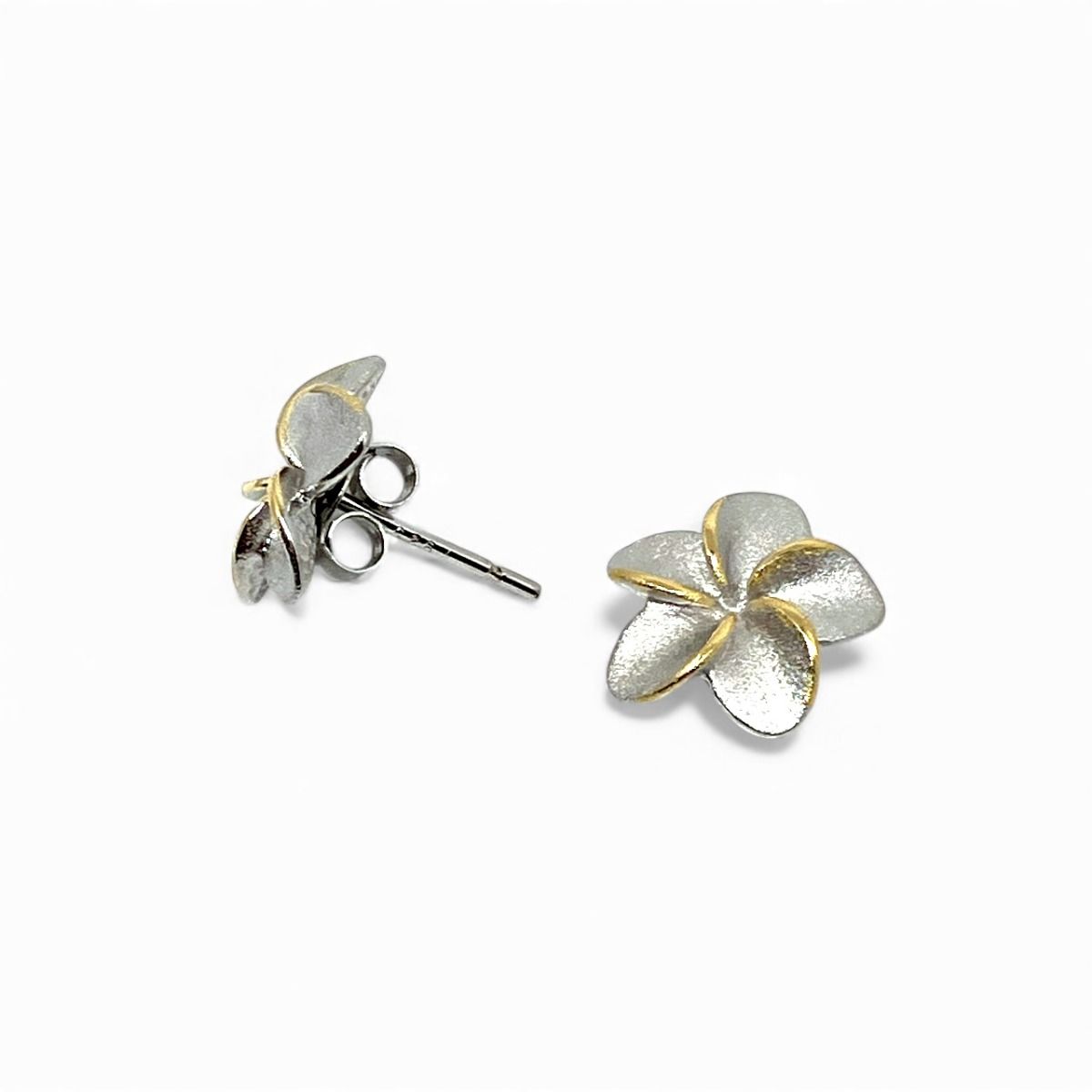Sterling Silver 12mm Plumeria Pierced Earrings with 14K Yellow Gold Accents
