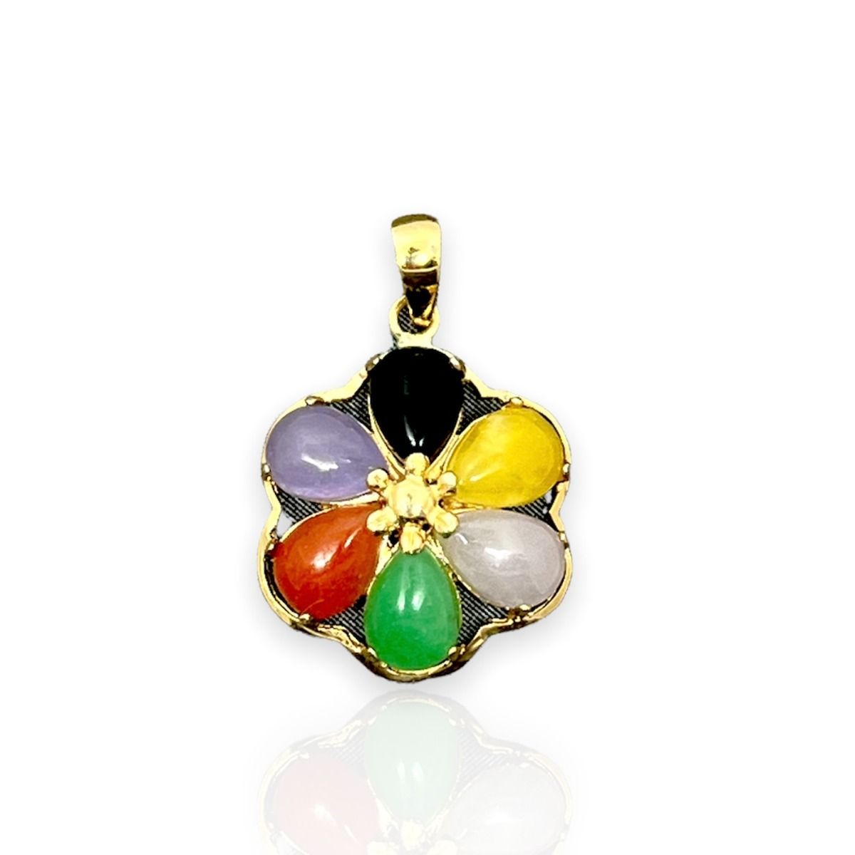 14KT Yellow Gold Six-Petal Plumeria with Mixed Color Jade Pendant
