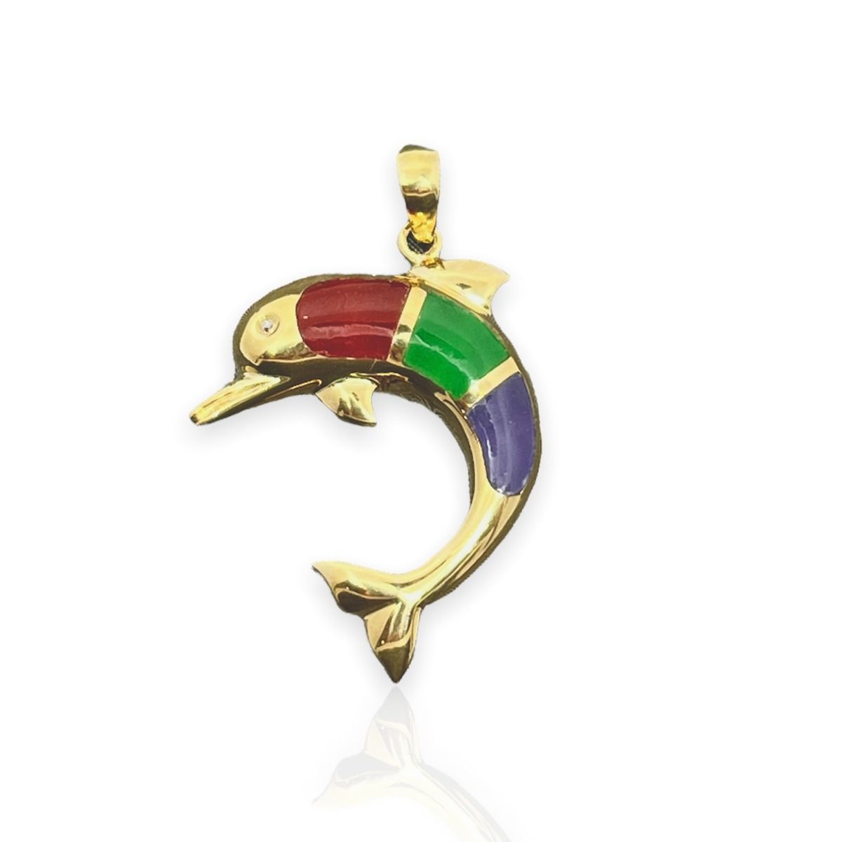 14KT Yellow Gold Mixed Color Jade Dolphin Pendant with Diamond