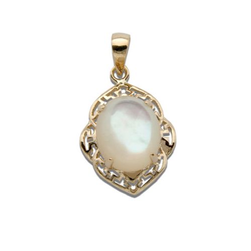 14KT Gold Cut-Out Wavy Greek Design with Oval Shaped MOP (Mother of Pearl Shell) Pendant