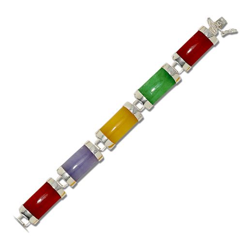 Sterling Silver Good Fortune Multi-Color Jade Short Bar Bracelet
