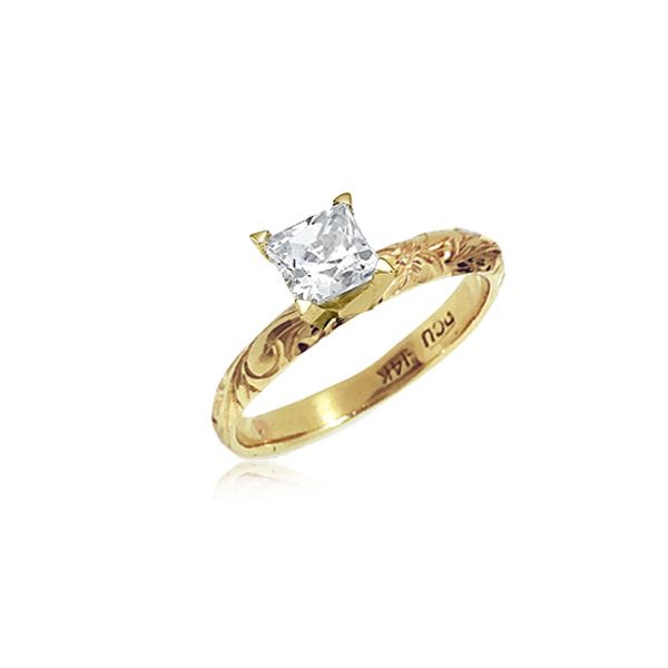 14KT Gold Hawaiian Engagement Ring with Princess Cut Stone