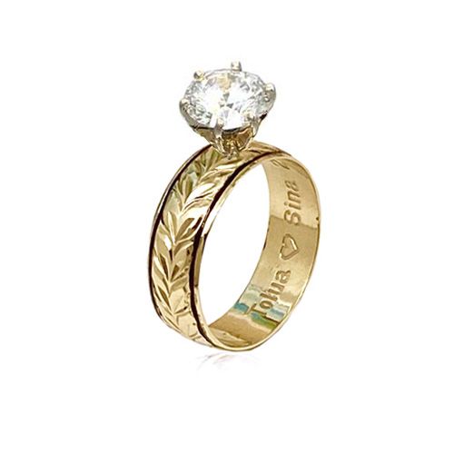 14K Yellow Gold Custom Hawaiian Black Border Maile Ring with AAA CZ Stone