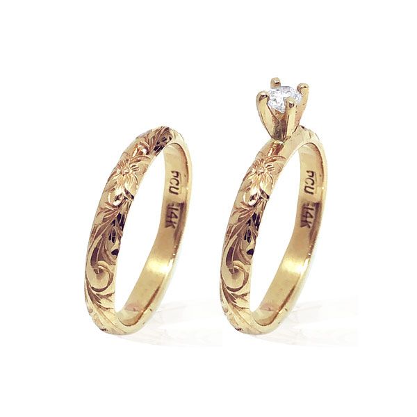 14KT Yellow Gold Diamond Hawaiian Engagement and Wedding Ring Set