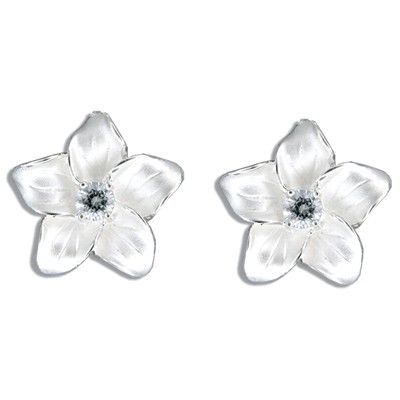 Sterling Silver White Sand CZ Plumeria Pierced Earrings