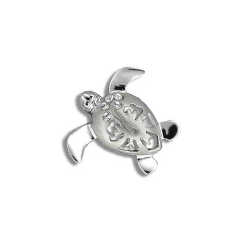 14kt White Gold Diamond Hawaiian Hibiscus Honu Pendant (S) 