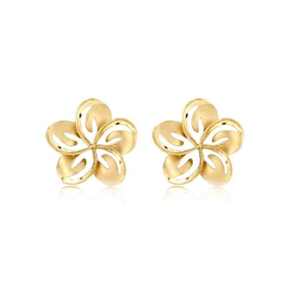 14KT Yellow Gold 14mm Cut in Plumeria Stub Earrings (S)