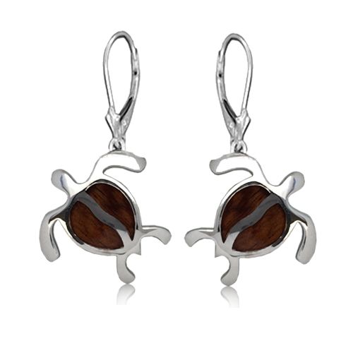 Sterling Silver Hawaiian Koa Wood (S) HONU Lever Backs Earrings