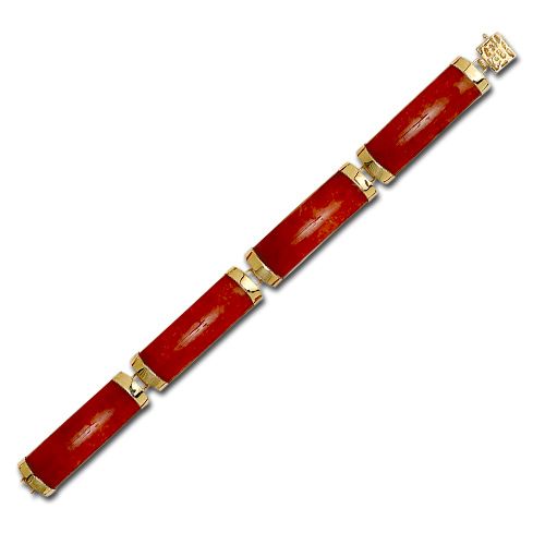 14KT Yellow Gold Good Fortune Red Jade Bar Bracelet