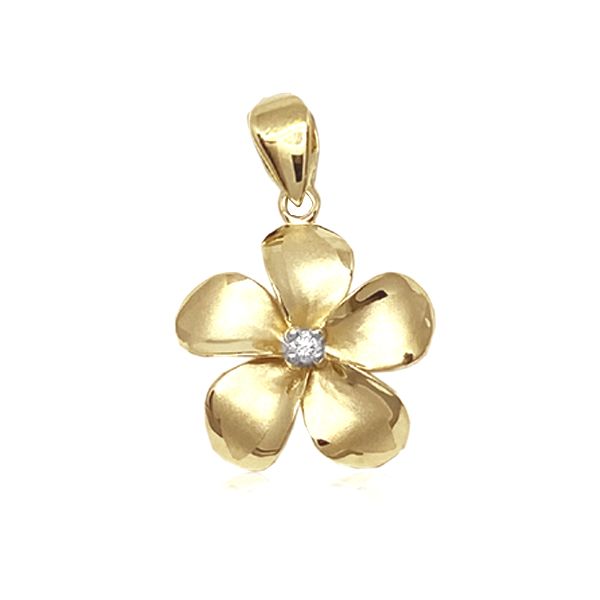 14KT Gold Classic 23mm Plumeria Pendant with Diamond