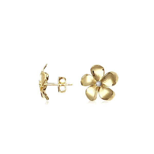 14KT Gold Classic 11mm Plumeria Pierced Earrings with Diamonds