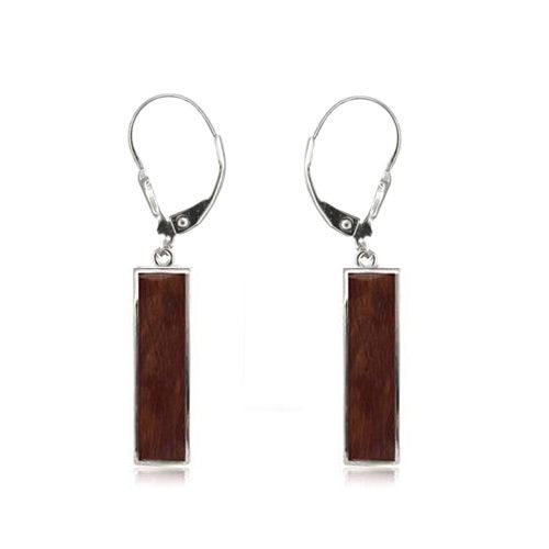 Sterling Silver Hawaiian Engraved Koa Wood Simple Long Bar Shaped Lever Back Earrings