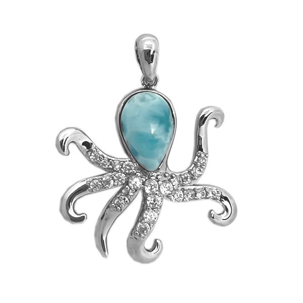 Sterling Silver Genuine Larimar Octopus CZ Pendant