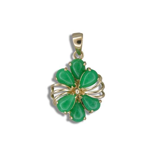 14KT Yellow Gold Fancy Six-Petal Plumeria with Green Jade Pendant