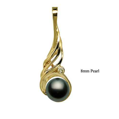 14KT Yellow Gold Waterfall Design AAA Round Tahitian Pearl Pendant with Diamond