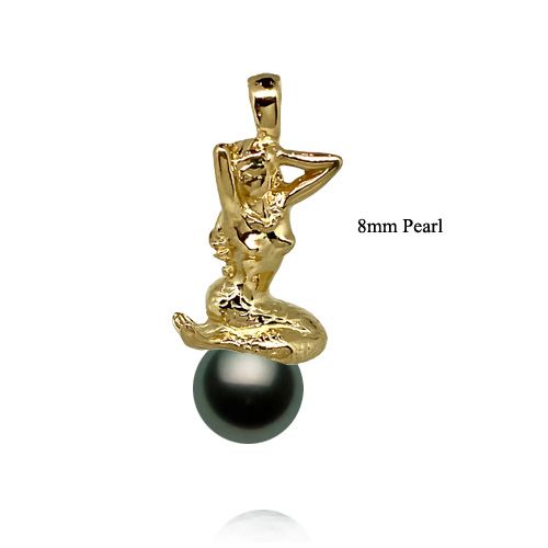 14KT Yellow Gold 3D Mermaid Design AAA Round Tahitian Pearl Pendant