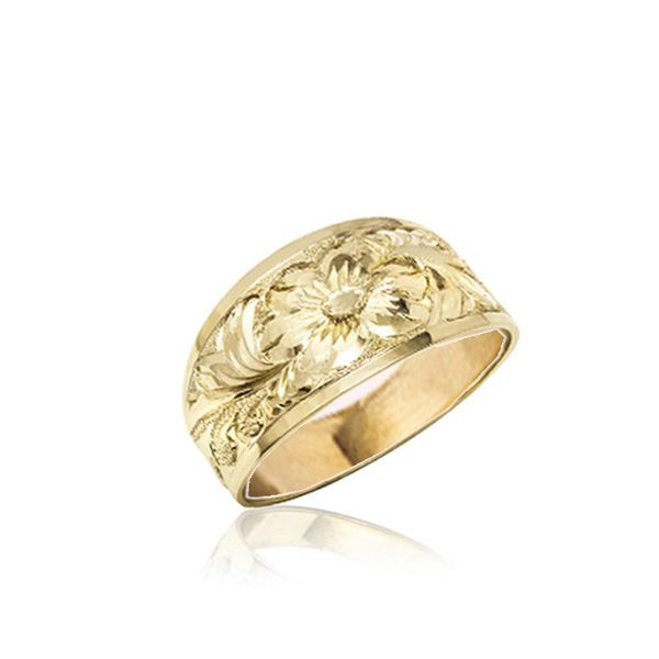 14KT Gold Hawaiian Plumeria  Scroll Tapered Ring