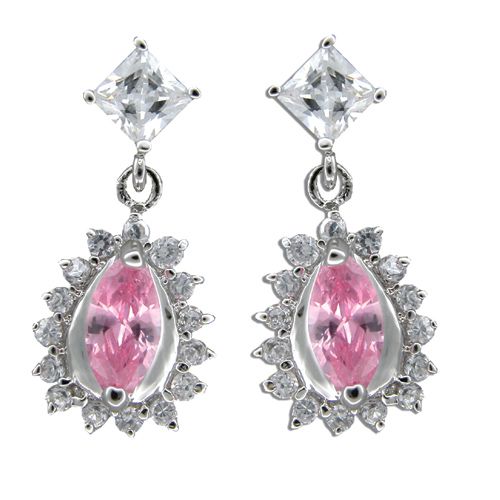 Sterling Silver Tear-Drop Shaped Pink Tourmaline CZ Drop Earrings