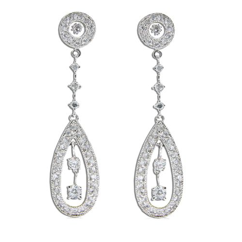 Sterling Silver Vintage-Style Teardrop with Clear CZ Drop Earrings