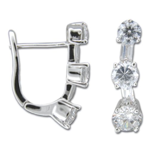 Sterling Silver Triple Round-Cut Clear CZ Latch Back Earrings 