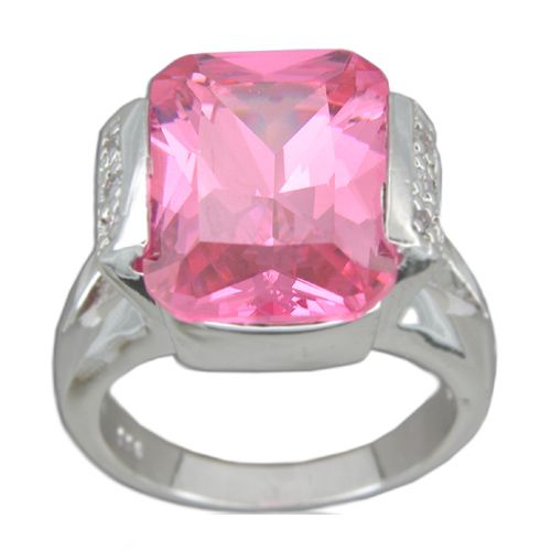 Sterling Silver Rectangular Shaped Pink Tourmaline CZ Ring 